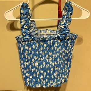 Blue sunflower ribbed cropped tank top